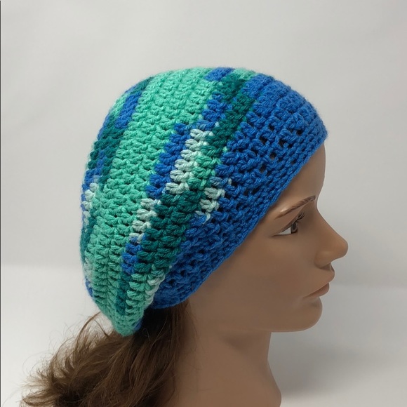 Slouchy beanie hat adult or teen blue green New hand crochet by me - Picture 4 of 4